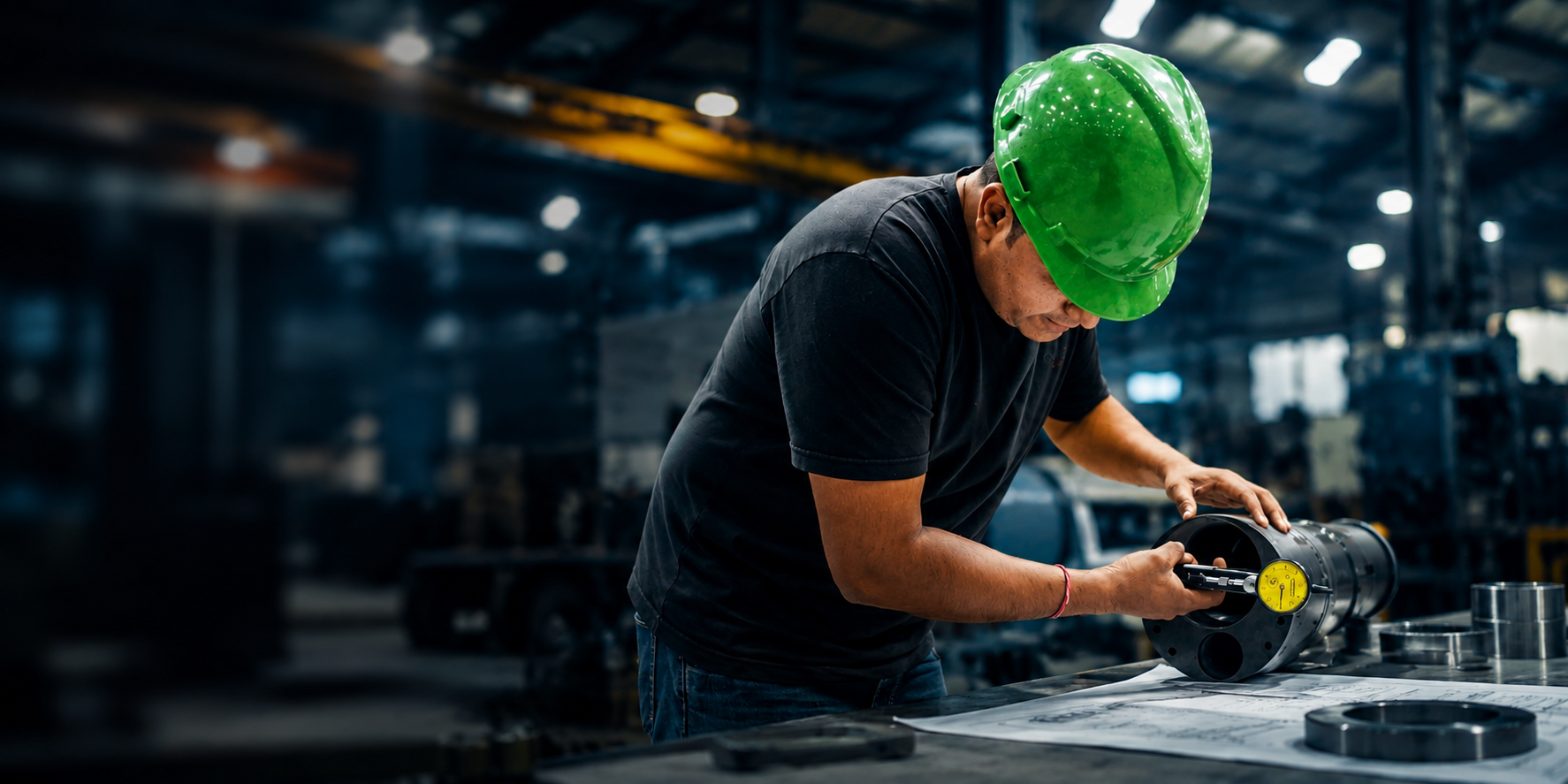 Engineering blueprints and precision metal components